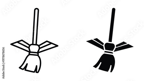 Two stylized depictions of broomsticks with contrasting design elements