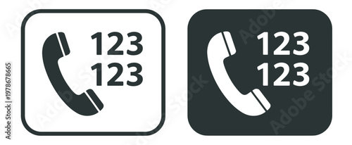 phone call icon set, telephone handset with numbers in rounded square panels, black and white vector communication symbols on transparent background