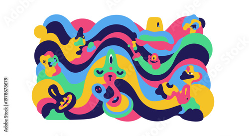 Abstract Psychedelic Liquid Wave Vector Illustration Featuring Vibrant Colorful Organic Shapes and Fluid Flowing Patterns for Modern Creative Design Projects