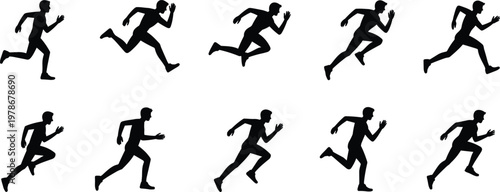 Ten silhouettes of a man running in sequence on a white background Keywords: silhouette, running, man, male, athlete, sport, action