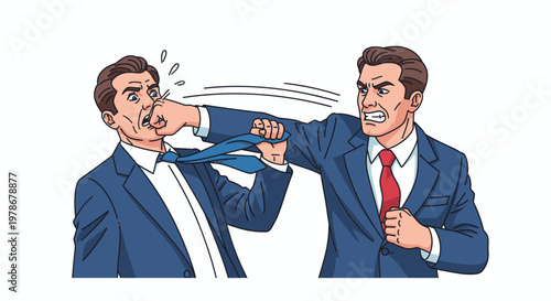 Aggressive Businessman Punching Colleague Vector Illustration, Corporate Conflict Concept, Professional Rivalry and Workplace Violence Graphic Style Design