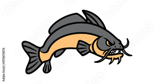 Aggressive Catfish Mascot Vector Illustration, Angry Fish Character Design for Sports Team Logo and Gaming Branding, Stylized Flat Graphic Art Isolated on White