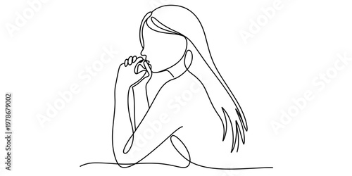 Minimalist continuous line drawing of a thoughtful woman with long hair resting her chin on hand