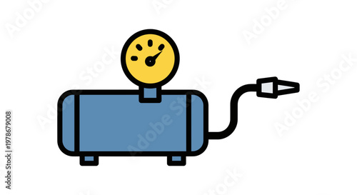 Air Compressor Vector Illustration, Industrial Pneumatic Tool with Pressure Gauge and Hose, Flat Style Graphic for Workshop Maintenance and Construction Equipment