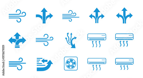 Air Conditioning and Wind Direction Icons Set Vector Illustration, Minimalist Blue Climate Control Symbols for HVAC Systems and Weather Forecasting Graphic Design