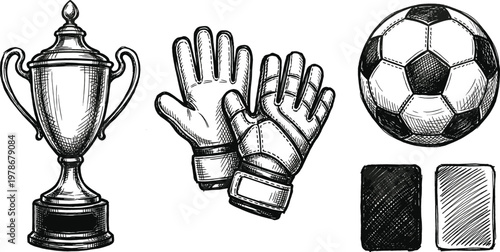 Vintage Hand Drawn Soccer Equipment Set with Championship Trophy Goalkeeper Gloves Football and Referee Cards for Sports Branding and Athletic Graphic Designs