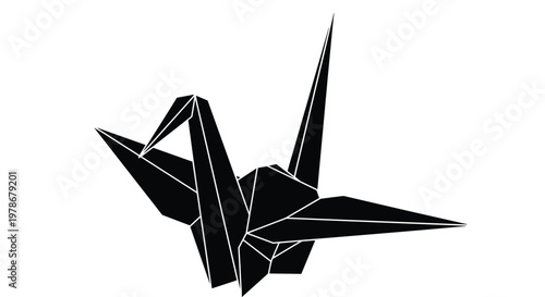 Striking black origami paper crane silhouette showcasing intricate folds and traditional Japanese paper folding art on white background.