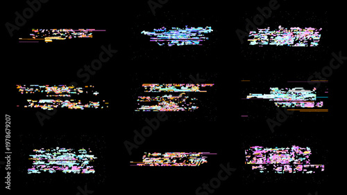 Glitch digital noise background with pixel art distortion and RGB scanline fragments on black. This technology gaming set delivers high contrast cyberpunk style for UI overlays and motion graphics.