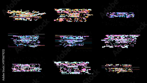 Glitch digital noise background with pixel art distortion and RGB scanline fragments on black. This technology gaming set delivers high contrast cyberpunk style for UI overlays and motion graphics.