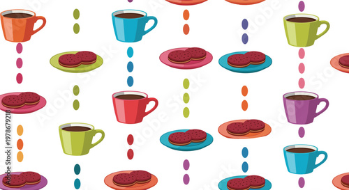 Repeating seamless pattern featuring colorful coffee mugs and chocolate sandwich cookies on plates for cafe and bakery backgrounds.