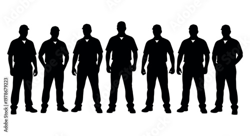 Silhouettes of seven men in casual workwear standing in a row