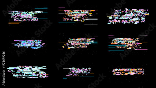 Glitch digital noise background with pixel art distortion and RGB scanline fragments on black. This technology gaming set delivers high contrast cyberpunk style for UI overlays and motion graphics.