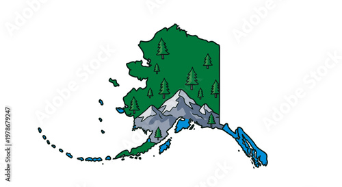 Alaska Map Vector Illustration Featuring Stylized Mountains and Evergreen Forest Trees in a Flat Graphic Style for Travel and Nature Design Projects
