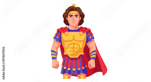 Alexander the Great Warrior King Vector Illustration in Ancient Greek Armor with Red Cape
