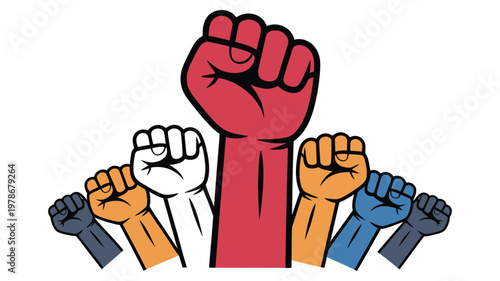 Colorful raised fists forming a diverse group, symbolizing protest, solidarity and unity, vector illustration for equality campaigns, social activism, community empowerment and advocacy design.