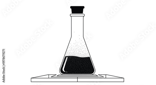 Laboratory Erlenmeyer flask filled with a dark grainy substance resting on a heating plate, depicted in a detailed monochrome style.