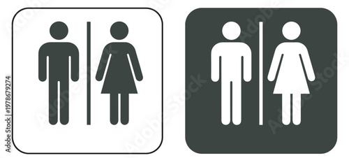 restroom toilet icon set, male and female pictograms separated by line in rounded square panels, black and white vector symbols on transparent background
