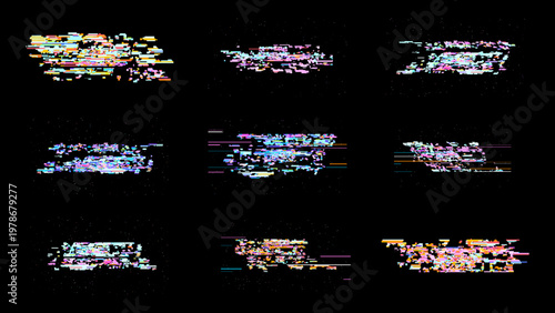 Glitch digital noise background with pixel art distortion and RGB scanline fragments on black. This technology gaming set delivers high contrast cyberpunk style for UI overlays and motion graphics.