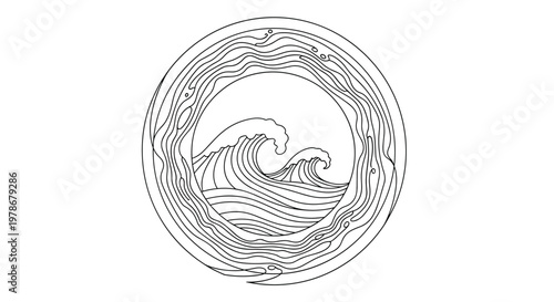 Artistic circular frame containing dynamic Japanese style waves in a fine line drawing, suitable for oriental and maritime designs.