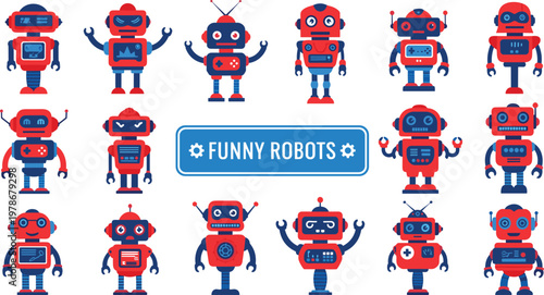 Large Collection of Funny Robot Character Icons in Red and Blue Colors for Artificial Intelligence Technology Concepts Gaming Apps and Modern Future Sci-Fi Digital Graphic Designs