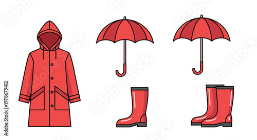 Set of red rain gear icons including a hooded raincoat, two umbrellas, and three boots, perfect for autumn and weather themes.