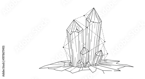 Composition of crystal clusters surrounded by geometric line structures and dots, creating a mystical and scientific aesthetic.