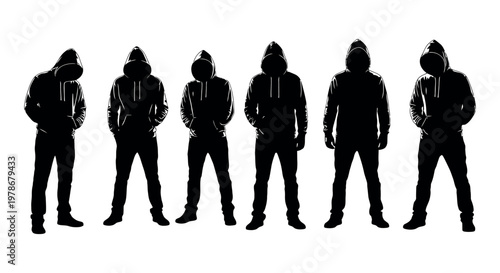 Silhouettes of six people wearing hoodies standing in various poses