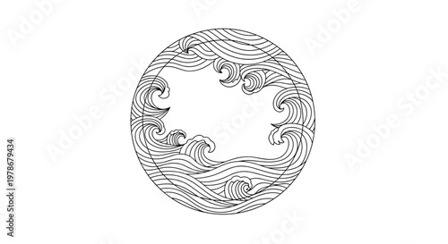 Detailed circular frame filled with turbulent Japanese style ocean waves in a fine line drawing, ideal for maritime art projects.