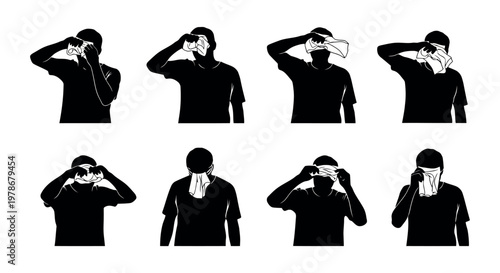 Collection of people covering their faces with hands or cloth in various poses