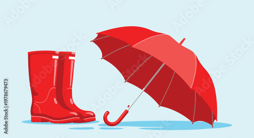 Pair of bright red rain boots stands beside an open red umbrella on a light blue background, depicting rainy day essentials for outdoor fun.