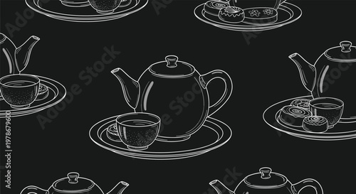 Seamless pattern of white line drawings of teapots, teacups, and cookies on a black background offers a cozy and elegant tea-time aesthetic.
