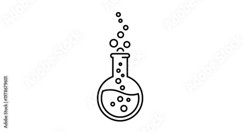 Icon of a round-bottom laboratory flask with bubbles emerging from the top is rendered in a thick black line art style for science-themed design.