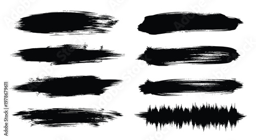 Collection of eight unique black paint brush stroke textures provides artistic elements for digital painting, graphic design, and backgrounds.