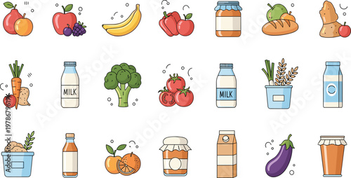 Grocery and Food Icons Set with Fruits, Vegetables, Milk, Bread, and Packaged Products Vector Illustration for Supermarket, Nutrition, and Shopping Design.
