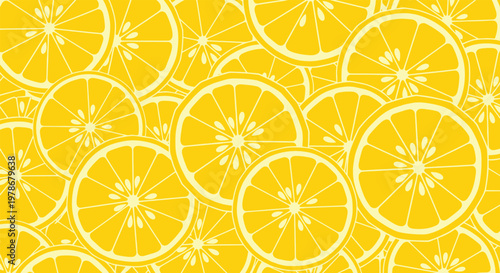 Bright and cheerful seamless pattern shows overlapping slices of oranges or lemons in vibrant colors, ideal for refreshing designs.