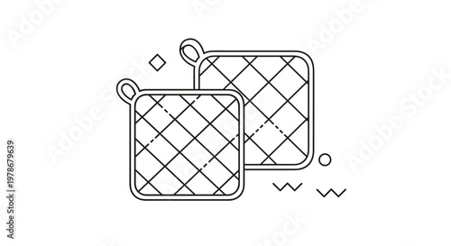 Simple icon of quilted oven mitts is rendered in black line art with decorative geometric accents, symbolizing home cooking and baking.