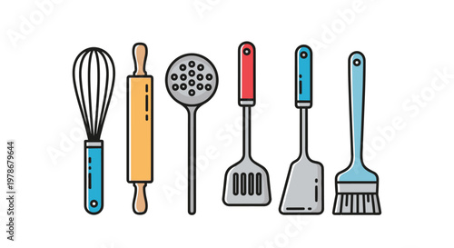 Set of colorful flat icons of kitchen utensils including a whisk, rolling pin, skimmer, and spatulas for culinary and food-themed designs.