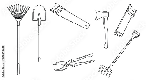 Comprehensive set of line drawings features various gardening tools like rakes, shovels, and saws for landscaping and outdoor work themes.