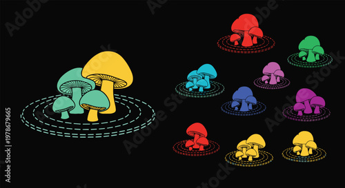 Stylized mushrooms in various bright colors are arranged on a black background, creating a vibrant and artistic interpretation of forest life.