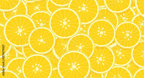 Seamless pattern of yellow lemon slices with white details creates a bright and energetic citrus-themed background for summer-related designs.