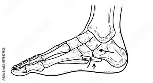 Anatomical Human Foot Skeleton Vector Illustration Featuring Plantar Fasciitis Pain Points and Bone Structure for Orthopedic Medical Education and Clinical Analysis
