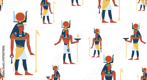 Ancient Egyptian God Ra Vector Illustration Featuring Repeating Pattern of Sun Deity Figures with Ankh and Scepter for Historical Textile and Wallpaper Design