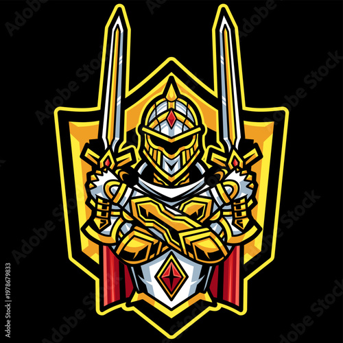Vector graphic illustration of a mighty knight wearing detailed armor and holding two swords, designed in a bold symmetrical style, suitable for esports logos, mascot branding, and stickers.