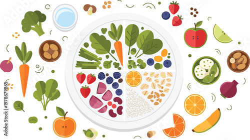 Healthy Balanced Diet Plate with Vegetables Fruits Grains Protein and Nuts in Colorful Flat Vector Illustration for Nutrition Concept and Wellness Design.