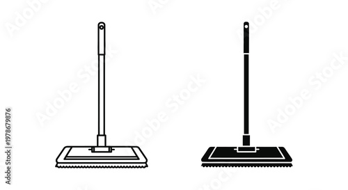 Two black floor mops depicted in a simple graphic illustration silhouette