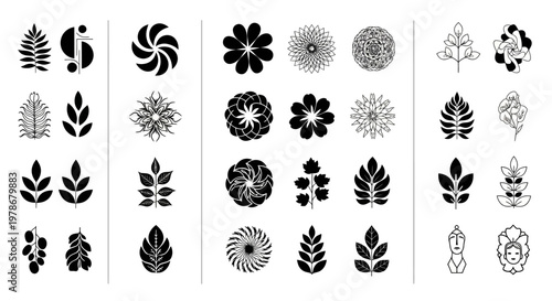 Leaves and floral motifs appear as a collection of black vector icons.