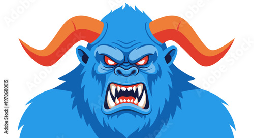 Angry Blue Monster with Orange Horns Vector Illustration, Fierce Mythical Creature Mascot Graphic Design for Gaming and Sports Branding