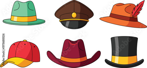 Collection of stylish hats including cap, cowboy, police, top hat and feather hat colorful cartoon vector illustration set