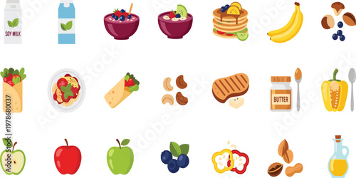 Healthy Breakfast Food Icon Set with Fruits Nuts Pancakes Milk Wrap Sandwich Butter and Olive Oil in Flat Vector Illustration Collection for Nutrition Design.