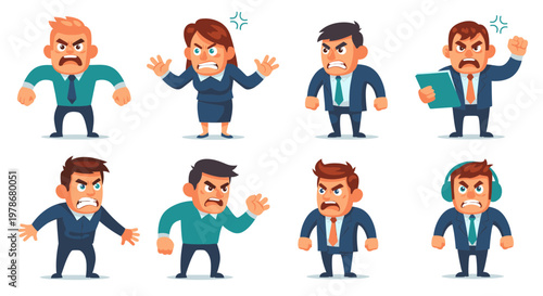Angry Business People Set Vector Illustration Representing Professional Frustration and Workplace Stress in Flat Style Graphic Design